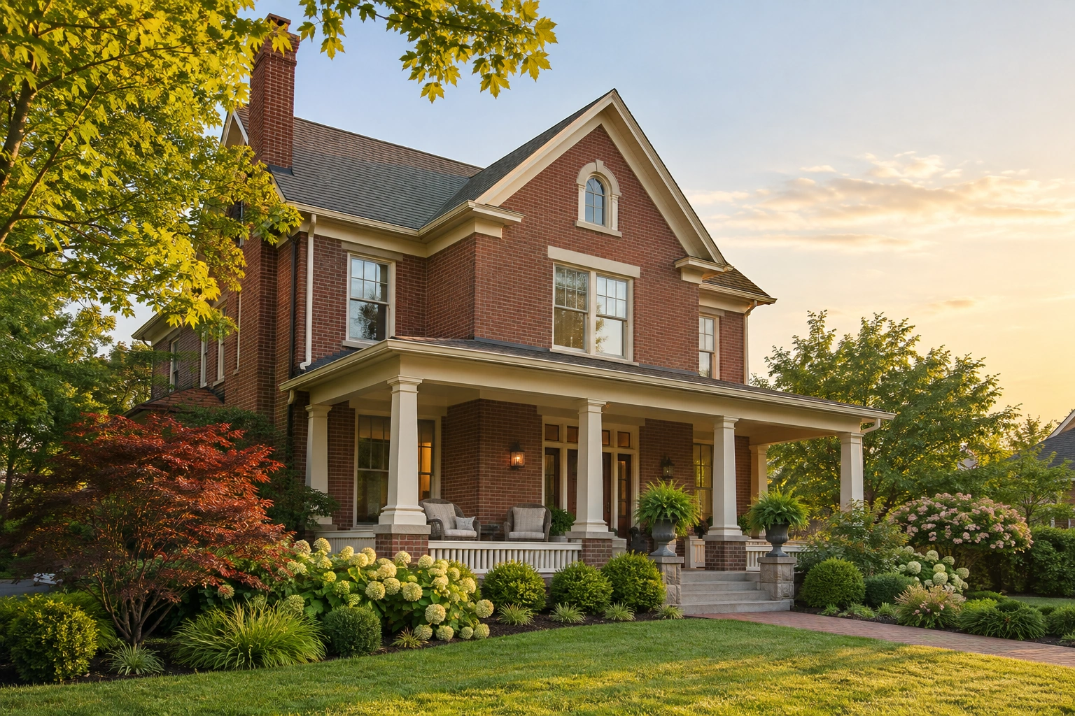 Welcoming brick home with a landscaped garden
