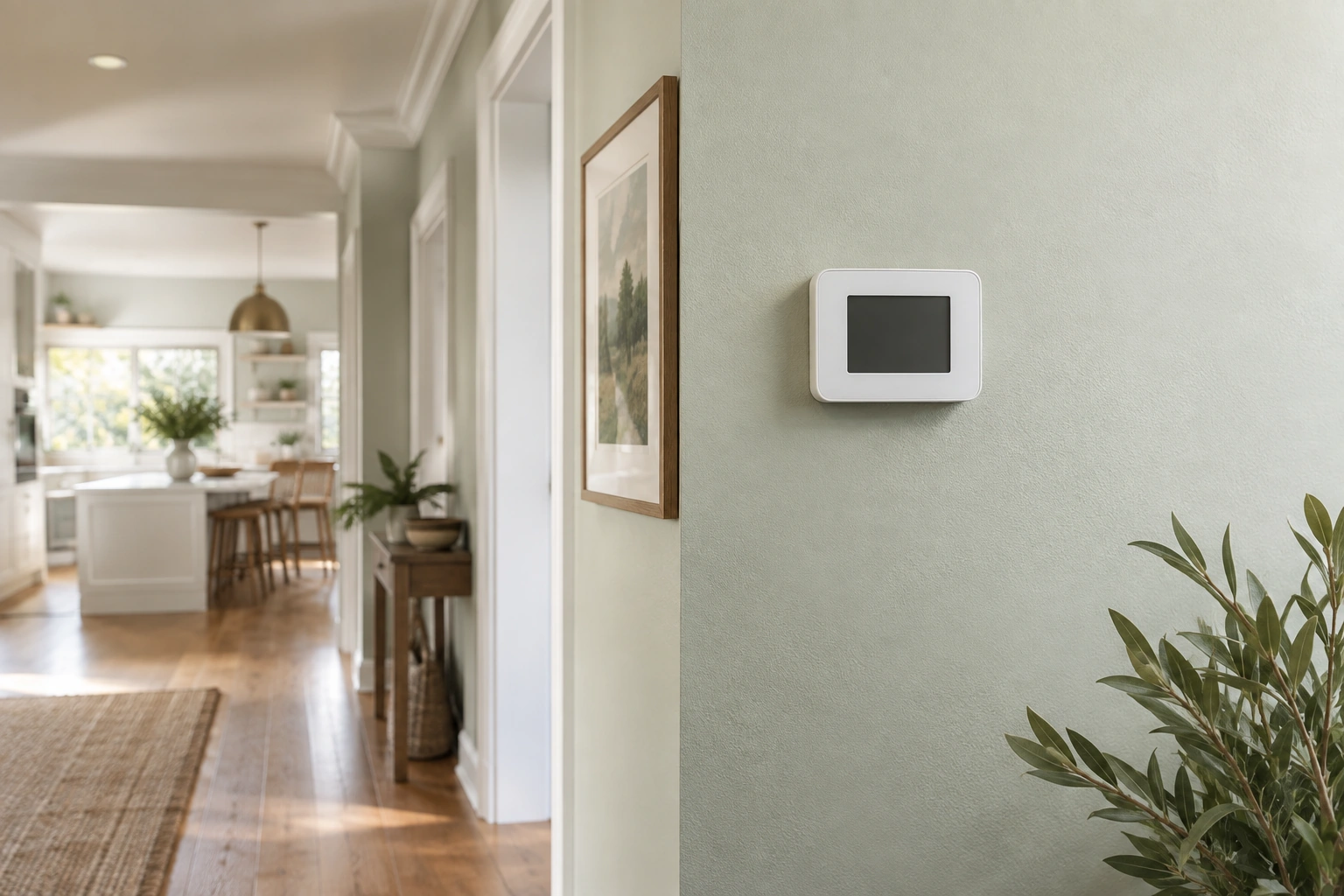 White thermostat on a pale sage wall beside a bright hallway