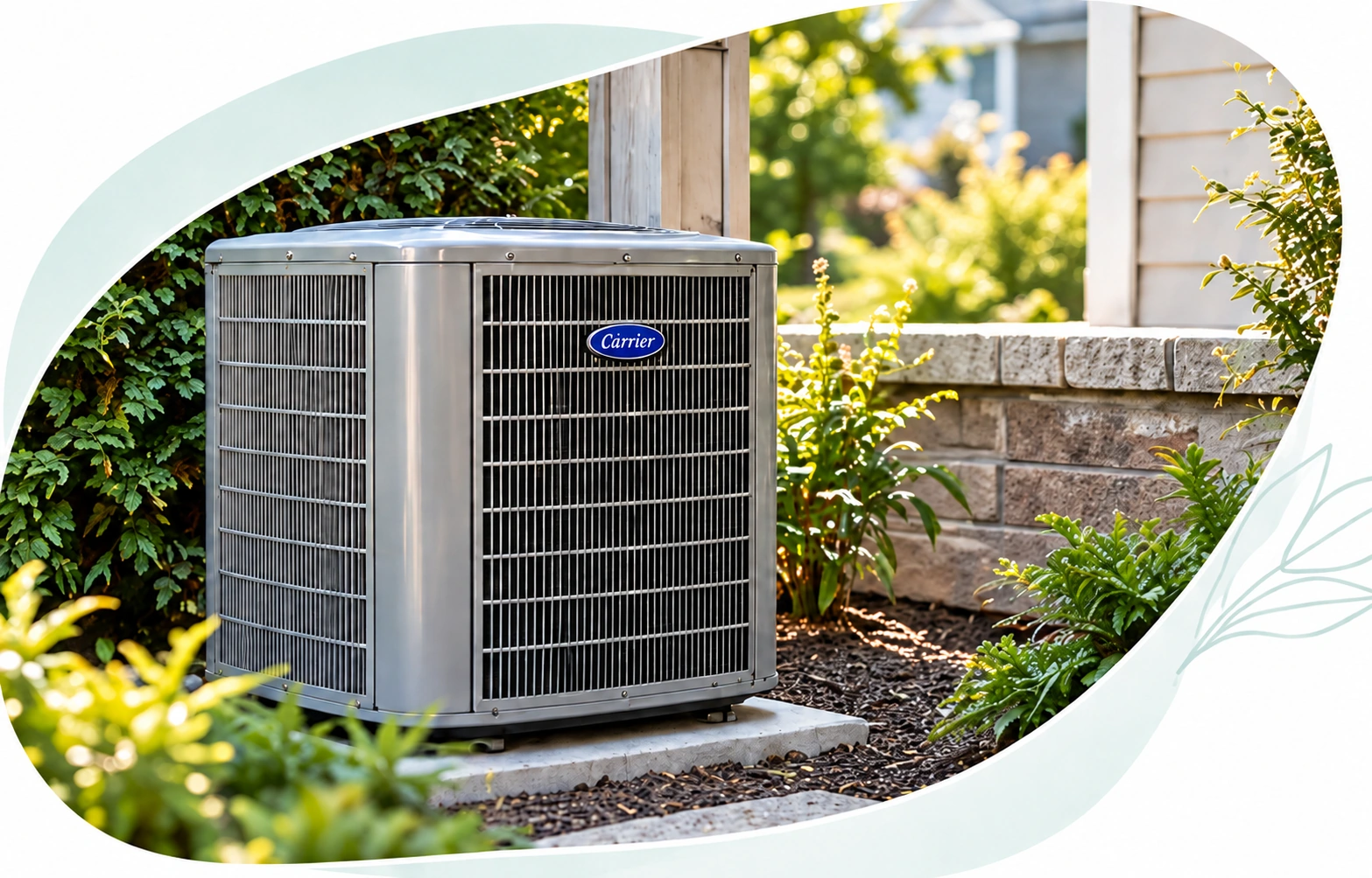 Outdoor air conditioning unit beside a landscaped home